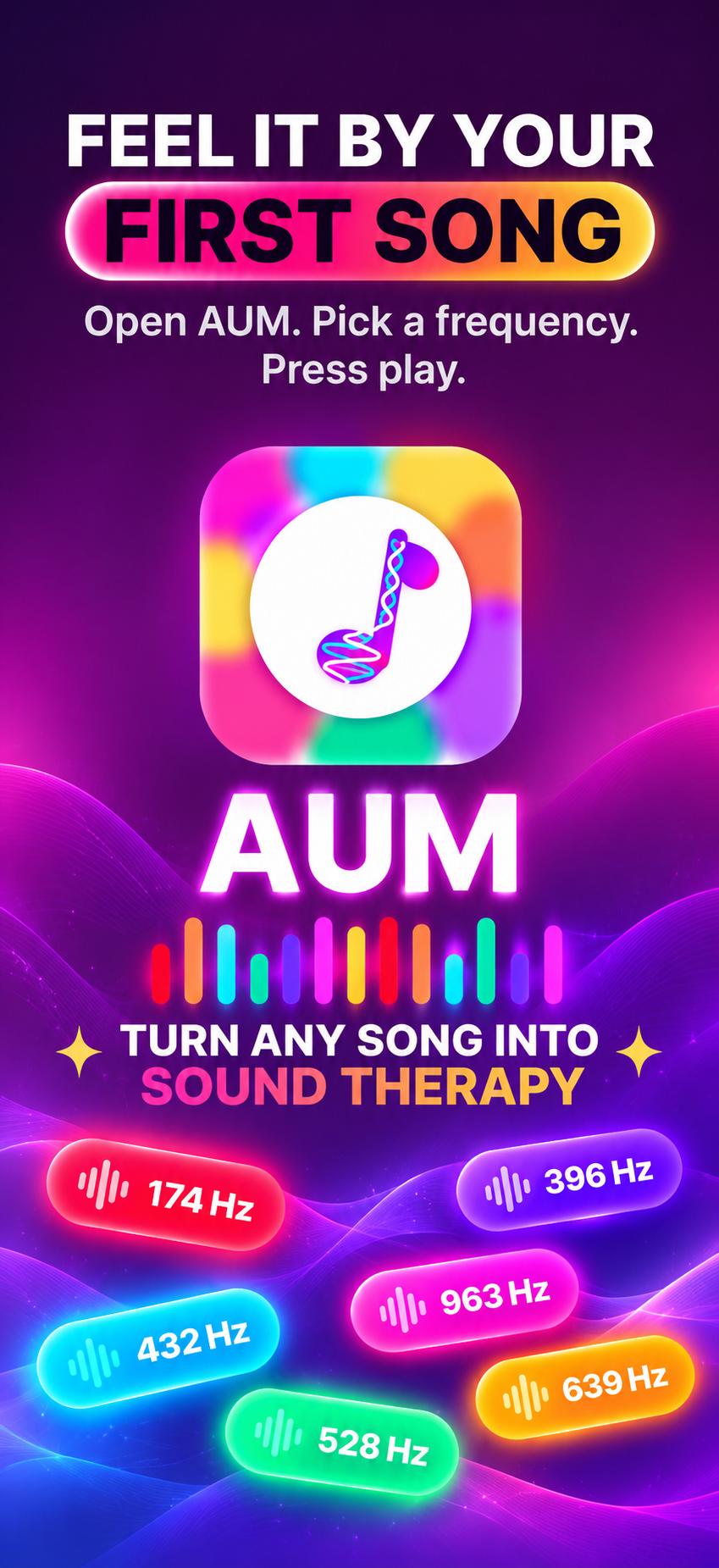 AUM App Store screenshot: app icon and wordmark with floating Hz badges, headline Feel It By Your First Song