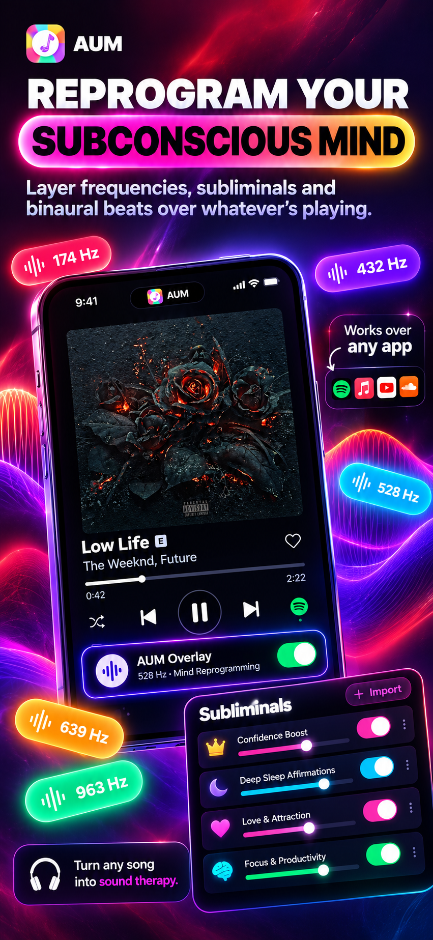 AUM App Store screenshot: Now Playing screen with the frequency overlay running over Spotify and the Subliminals list open, headline Reprogram Your Subconscious Mind
