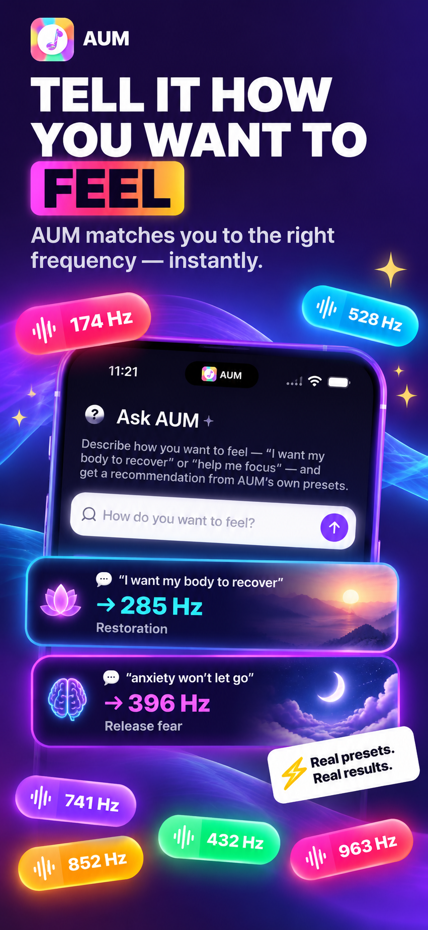 AUM App Store screenshot: Ask AUM screen recommending a frequency preset based on how you want to feel, headline Tell It How You Want To Feel